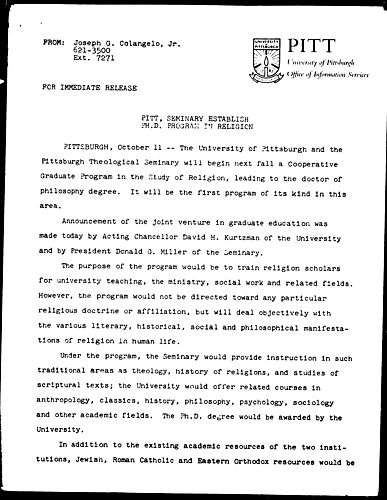 Pitt, Seminary Establish Ph.D. Program In Religion