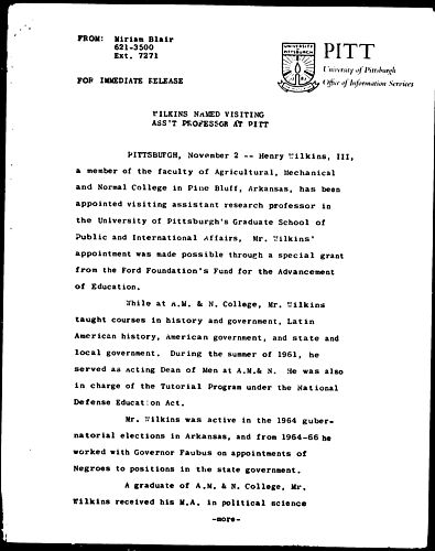 Wilkins Named Visiting Ass't Professor At Pitt