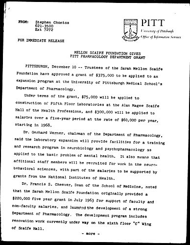 Mellon Scaife Foundation Gives Pitt Pharmacology Department Grant