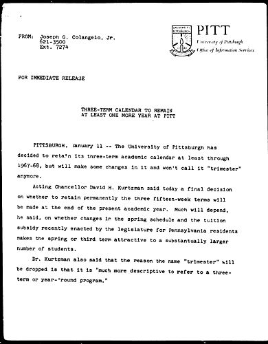 Three-Term Calendar To Remain At Least One More Year At Pitt