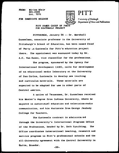 Pitt Names Chief Of Party For Guatemala Project