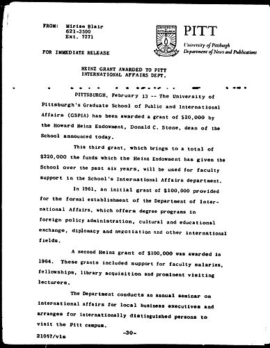 Heinz Grant Awarded To Pitt International Affairs Dept.