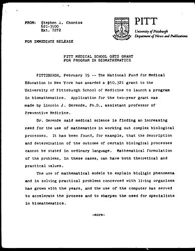 Pitt Medical School Gets Grant For Program In Biomathematics