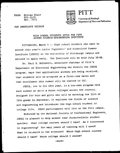 High School Students Apply For Pitt Summer Science-Engineering Institute