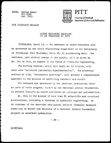 Water Resources Seminars To Be Presented At Pitt