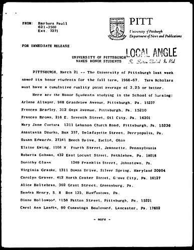 University Of Pittsburgh Names Honor Students