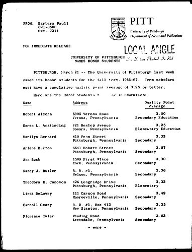 University Of Pittsburgh Names Honor Students