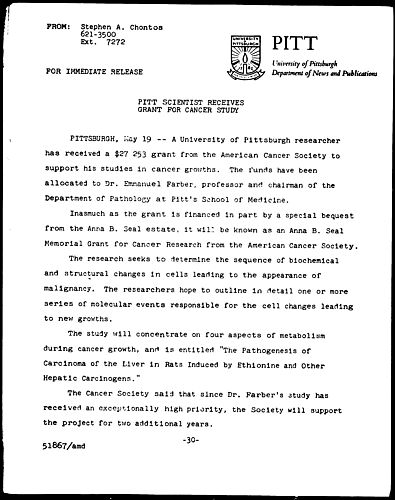 Pitt Scientist Receives Grant For Cancer Study