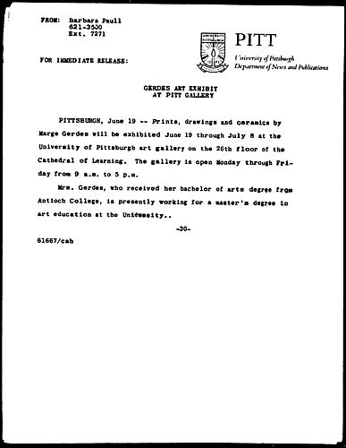 Gerdes Art Exhibit At Pitt Gallery