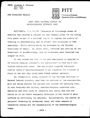 Pitt Joins National Program In Anesthesiology Intensive Care