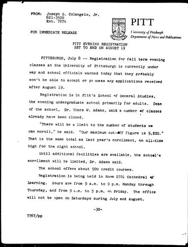 Pitt Evening Registration Set To End On August 19