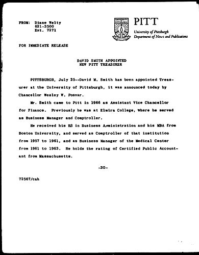 David Smith Appointed New Pitt Treasurer