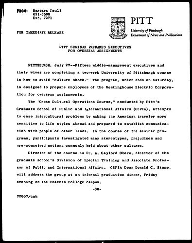 Pitt Seminar Prepares Executives For Overeseas Assignments