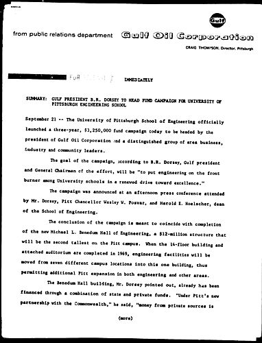 Gulf President B.R. Dorsey To Head Fund Campaign For University Of Pittsburgh Engineering School