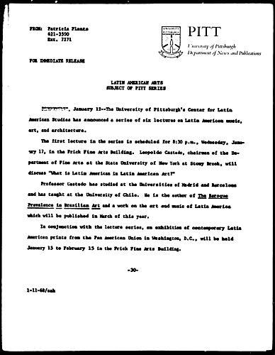 Latin American Arts Subject Of Pitt Series