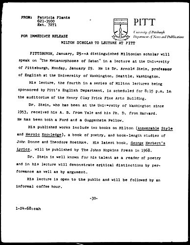 Milton Scholar To Lecture At Pitt