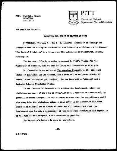 Evolution The Topic Of Lecture At Pitt