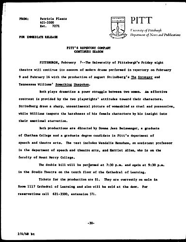 Pitt's Repertory Company Continues Season