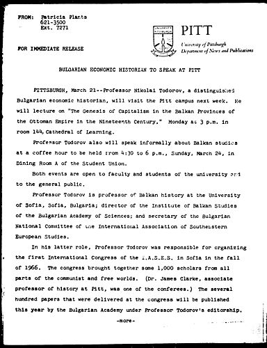 Bulgarian Economic Historian To Speak At Pitt