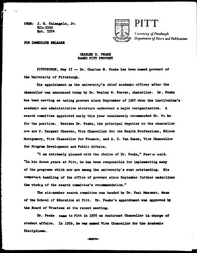 Charles H. Peake Named Pitt Provost