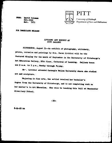 Lividini Art Exhibit At Pitt Gallery