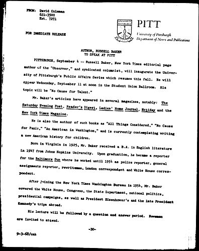 Author, Russell Baker To Speak At Pitt