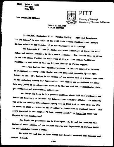 Bundy To Deliver Caplan Lecture