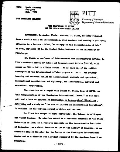 Pitt Professor To Speak On The Czechoslovakian Crisis