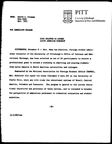 Pitt Staffer To Attend Latin American Workshop