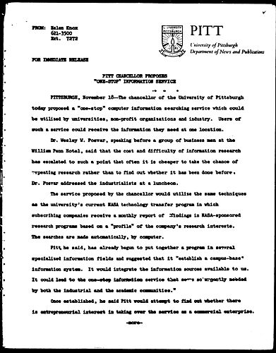 Pitt Chancellor Proposes "One-Stop" Information Service