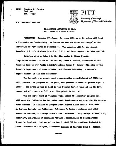 Ex-Governor Scranton To Lead Pitt Urban Discussion Group