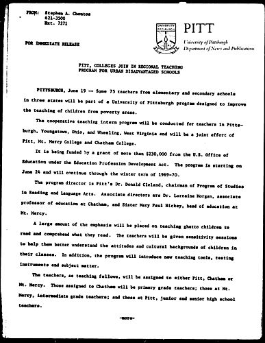 Pitt, Colleges Join In Regional Teaching Program For Urban Disadvantaged Schools