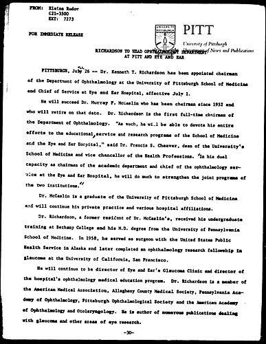 Richardson To Head Ophthalmology Department At Pitt And Eye And Ear