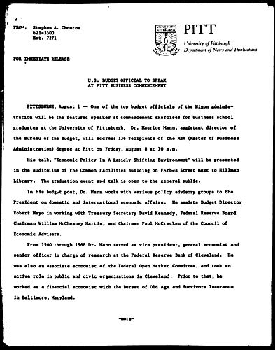 U.S. Budget Official To Speak At Pitt Business Commencement