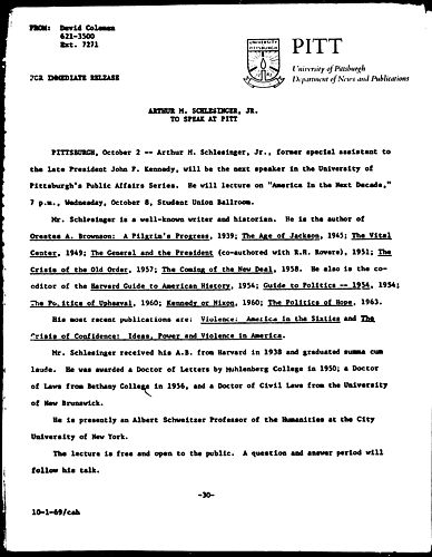 Arthur M. Schlesinger, Jr. To Speak At Pitt