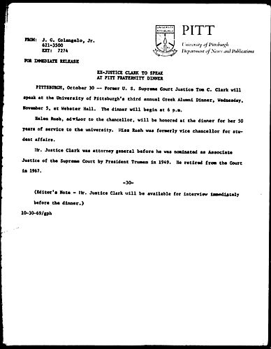 Ex-Justice Clark To Speak At Pitt Fraternity Dinner