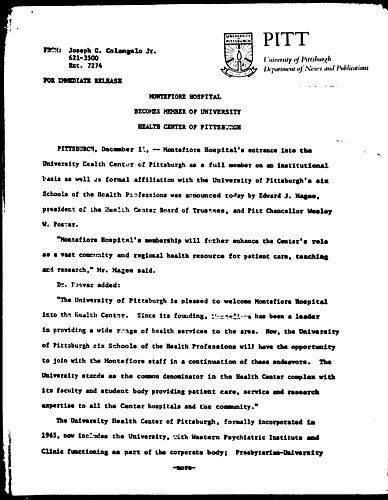 Montefiore Hospital Becomes Member Of University Health Center Of Pittsburgh