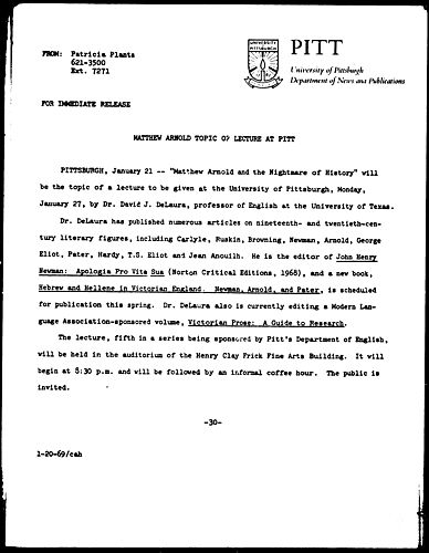 Matthew Arnold Topic Of Lecture At Pitt