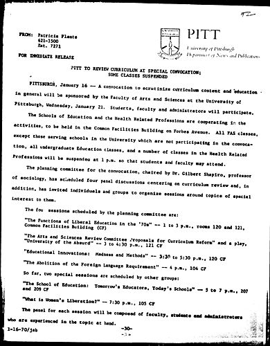 Pitt To Review Curriculum At Special Convocation; Some Classes Suspended