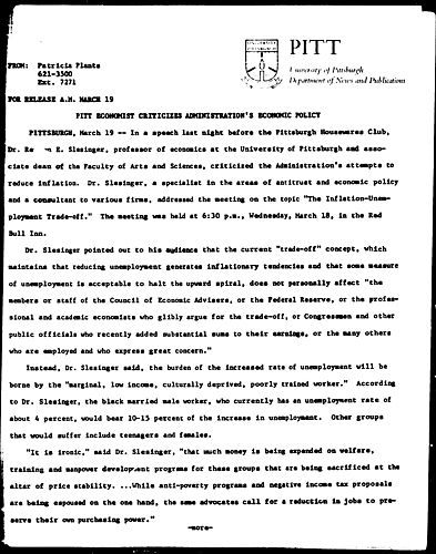 Pitt Economist Criticizes Administration's Economic Policy