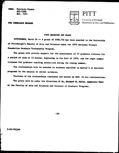 Pitt Receives NSF Grant