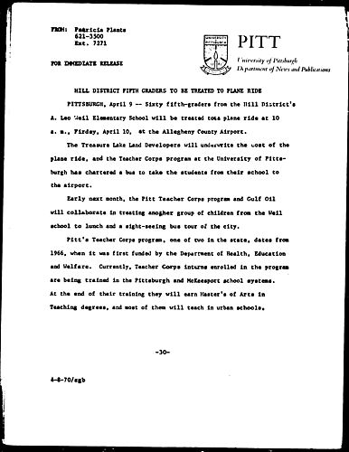 Hill District Fifth Graders To Be Treated To Plane Ride