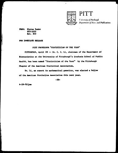 Pitt Professor "Statistician Of The Year"