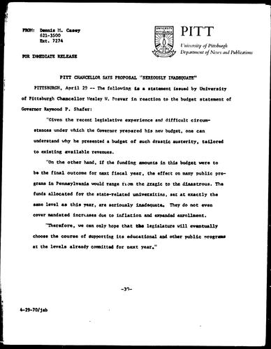 Pitt Chancellor Says Proposal "Seriously Inadequate"