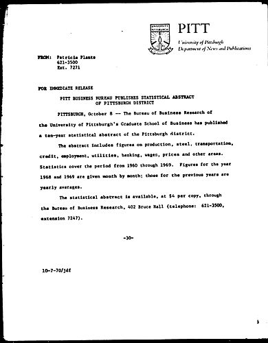 Pitt Business Bureau Publishes Statistical Abstract