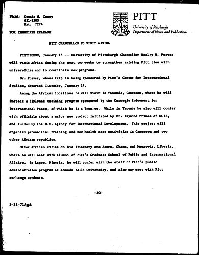 Pitt Chancellor To Visit Africa