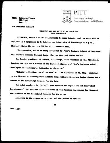 Industry And The Arts To Be Topic Of Pitt Symposium