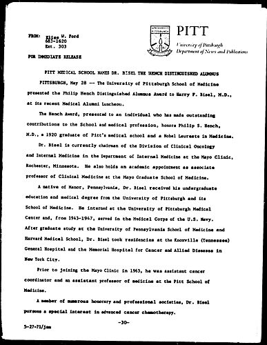 Pitt Medical School Names Dr. Bisel The Hench Distinguished Alumnus