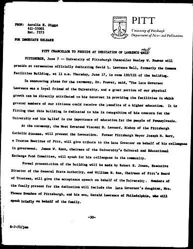 Pitt Chancellor To Preside At Dedication Of Lawrence Hall