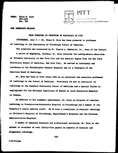 Bron Promoted To Professor Of Radiology At Pitt